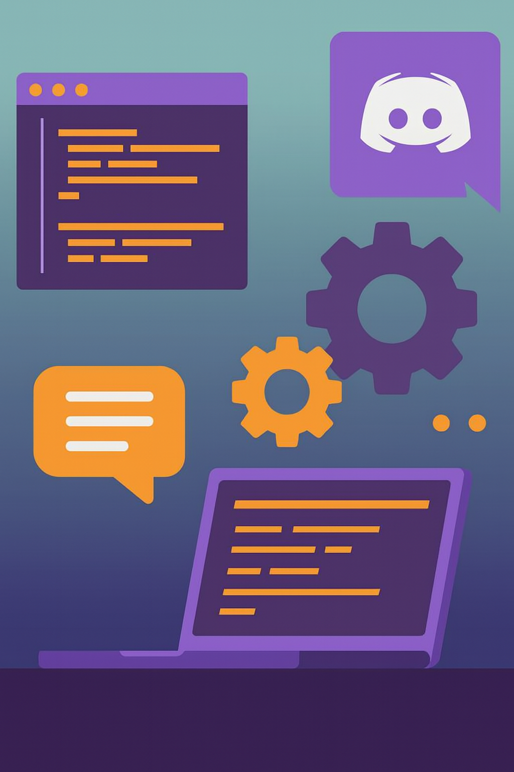 Abstract image of the laptop with Discord symbol and orange-purple objects.